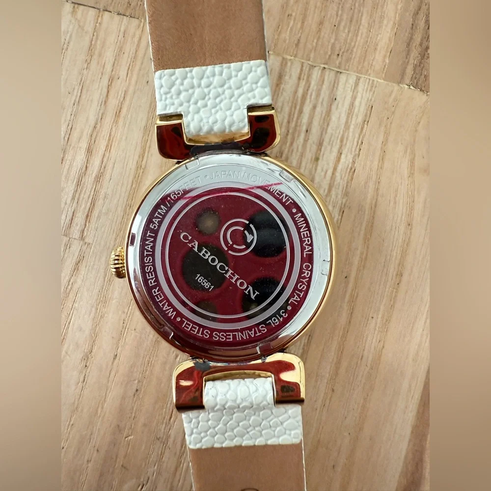 Cabochon ladies gold tone white leather watch NEW BATTERY
